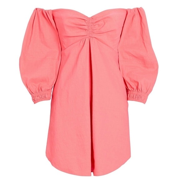 ALC Linen Off Shoulder Puff Sleeve Ruched Sweetheart Neck Smocked Babydoll Dress - Picture 10 of 10